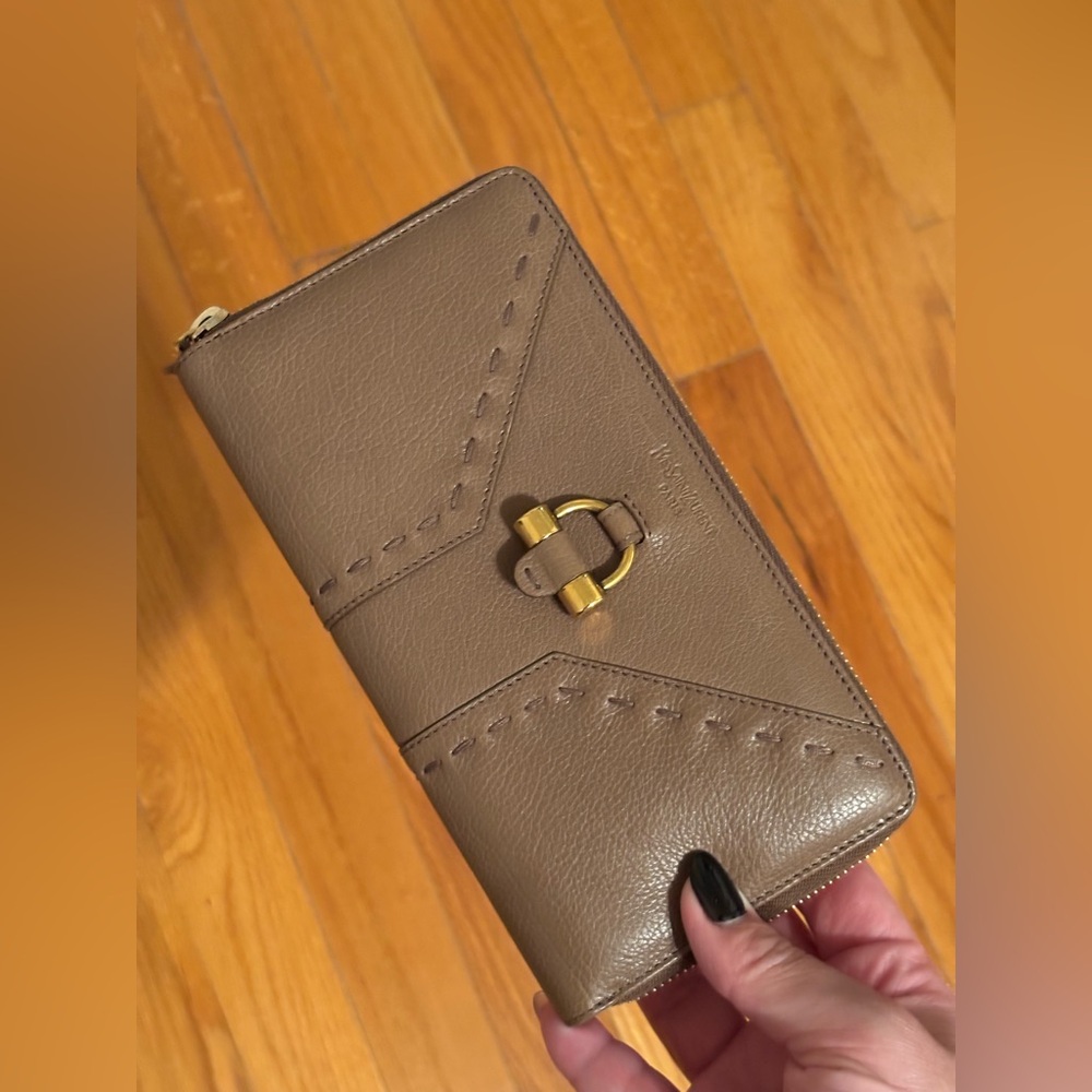 YSL Tan Textured Zip Wallet